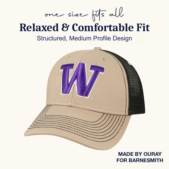 University of Washington Sideline Trucker Hat One-Size (Khaki/Black)